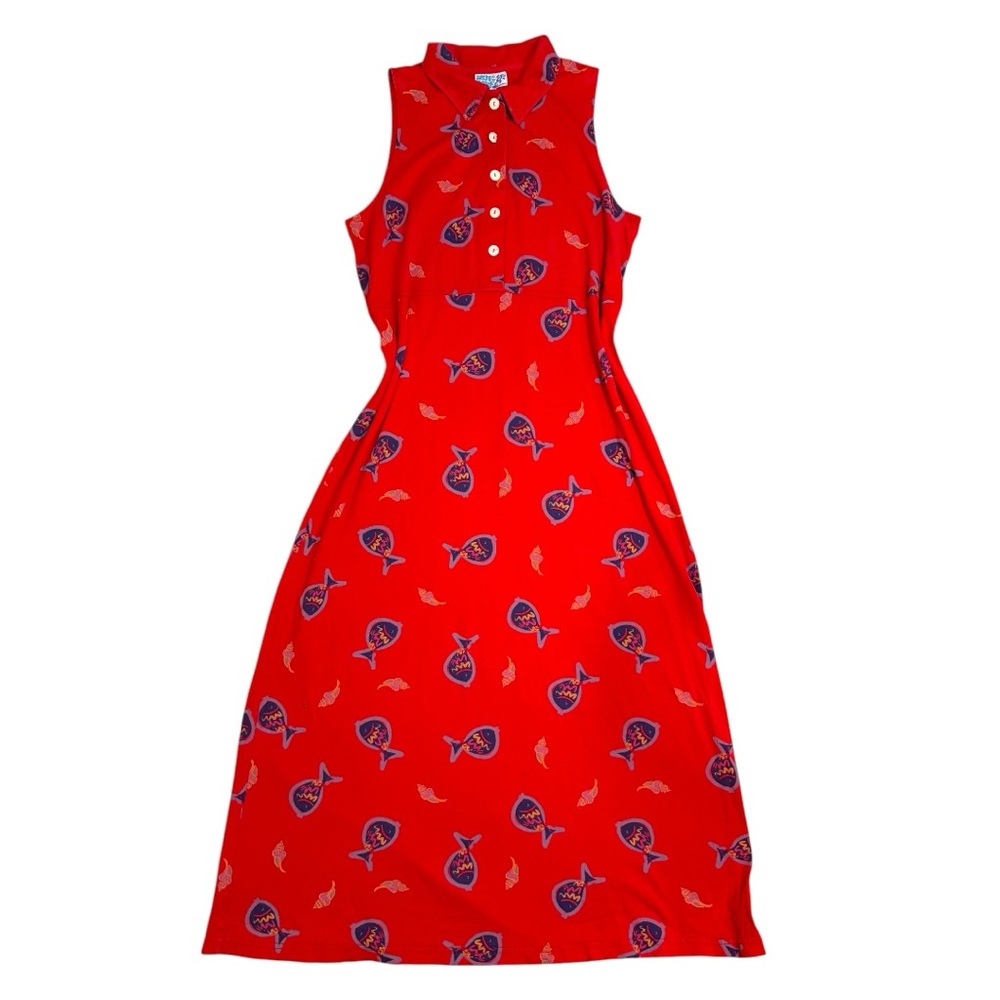 Vintage Red Fish Tackle Printed Polo Collared Maxi Dress by Zip Code - Picture 2 of 8